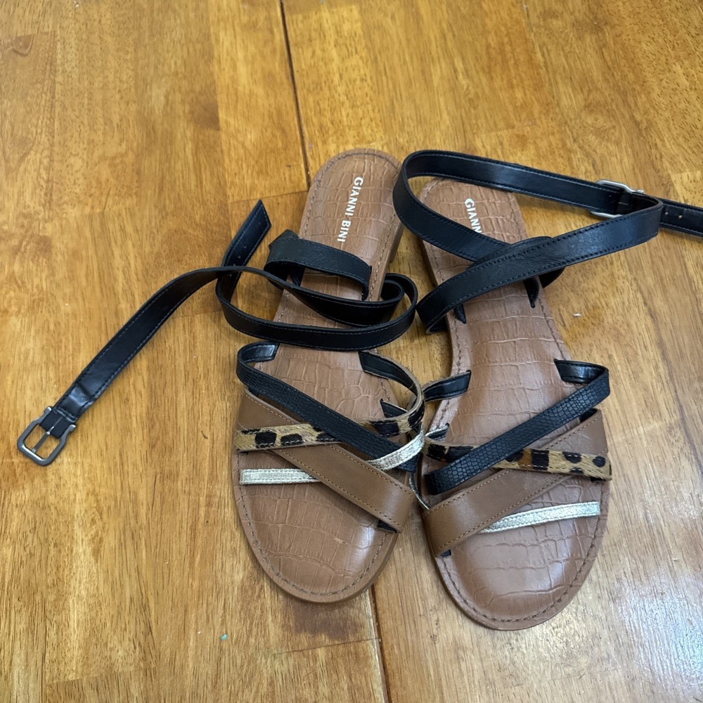 Gianni Bini Womens Saffari Leather Gladiator Sandals Flats Black Silver Sz 10 M